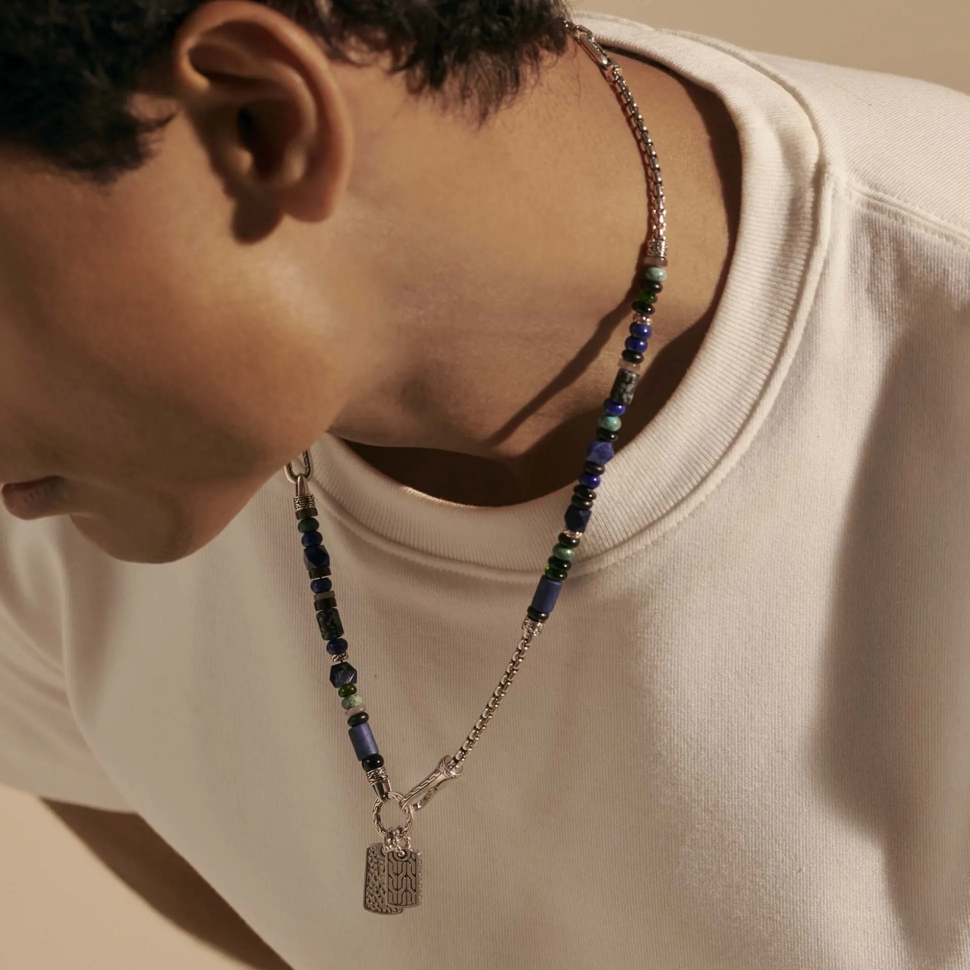 Men John Hardy Beads^Beaded Tag Necklace, Silver, Gemstones