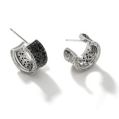 Women John Hardy Hoops^Carved Chain J Hoop Earring, Silver, Pave