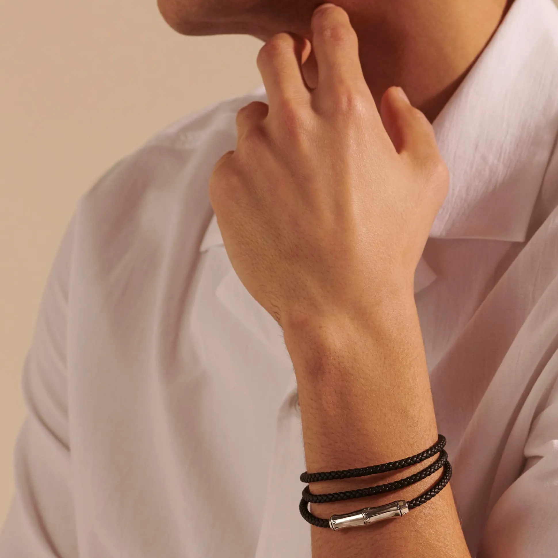 Men John Hardy Leather, Cord & Rubber^Leather Bamboo Triple Wrap, Sterling Silver