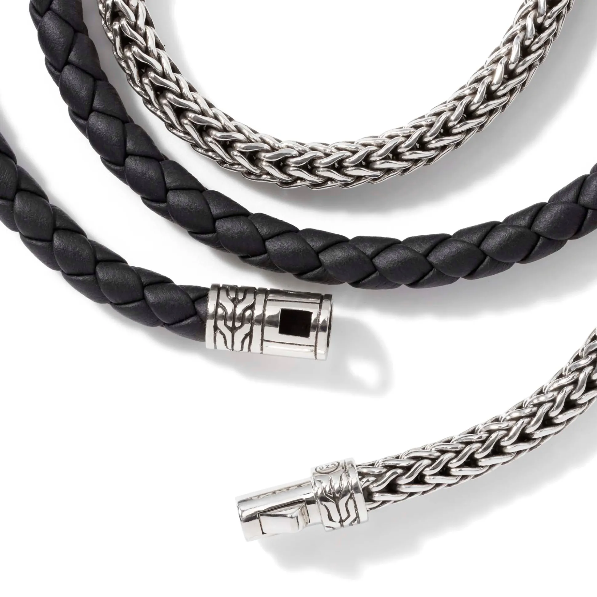Men John Hardy Leather, Cord & Rubber^Leather Chain Triple Wrap, Sterling Silver