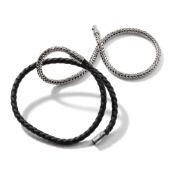 Men John Hardy Leather, Cord & Rubber^Leather Chain Triple Wrap, Sterling Silver