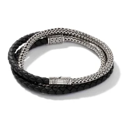Men John Hardy Leather, Cord & Rubber^Leather Chain Triple Wrap, Sterling Silver