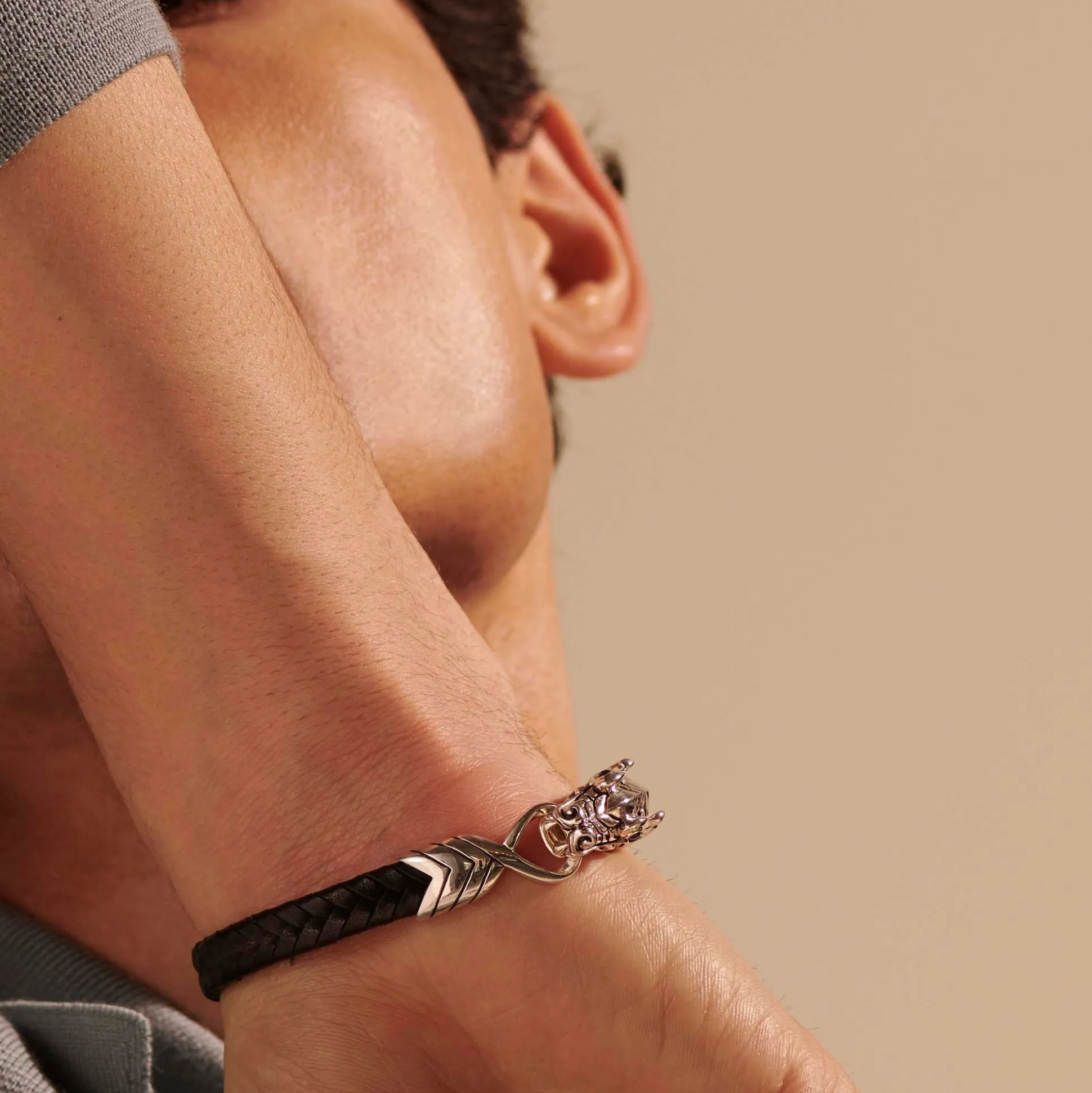 Men John Hardy Leather, Cord & Rubber^Naga Bracelet In Leather, Sterling Silver